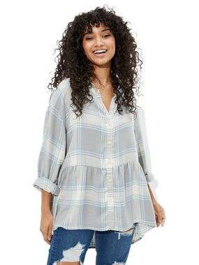 American Eagle Outfitters Light Blue and White Plaid Button-Up Peplum Tunic